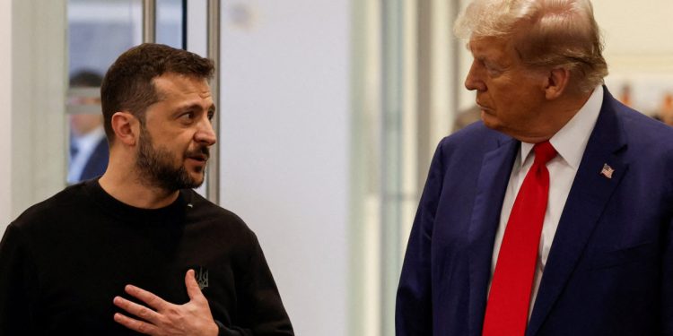 Republican presidential nominee and former U.S. President Donald Trump and Ukraine's President Volodymyr Zelenskiy meet in New York